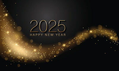 2025 Happy New Year Background Design. Golden 2024 Happy New Year Lettering on Black Background. Vector Illustration.