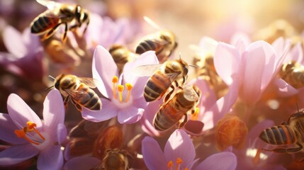 Closeup of a busy hive with bees working together to pollinate flowers. - obrazy, fototapety, plakaty