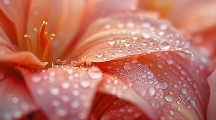 Macro shot of flower petals adorned with dewdrops, background image, AI generated