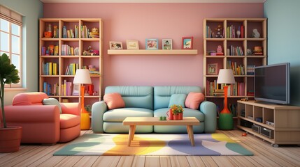 Cozy home interior with bookshelves and colorful furniture