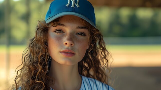 Portrait of a curly hair white female in baseball player uniform, background image, AI generated