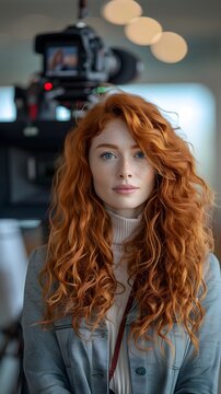 Portrait of a red curly hair white female reporter in action, background image, AI generated
