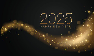 2025 New year with Abstract shiny color gold wave design element and glitter effect on dark background. For Calendar, poster design