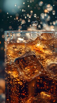 Close-up image that focuses on the dynamic and effervescent nature of bubbles rising in a glass of soda, background image, AI generated