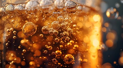 Close-up image that focuses on the dynamic and effervescent nature of bubbles rising in a glass of soda, background image, AI generated - obrazy, fototapety, plakaty