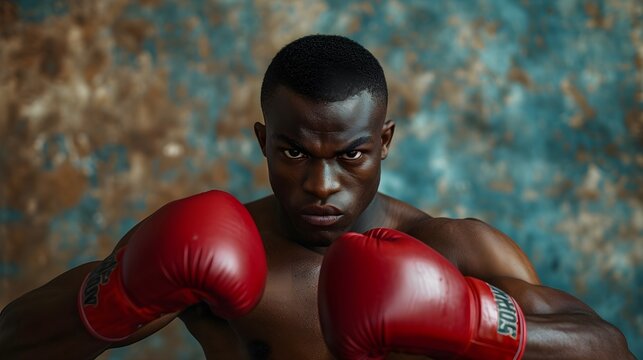 Portrait of a black male boxer on action against textured background with space for text, background image, AI generated