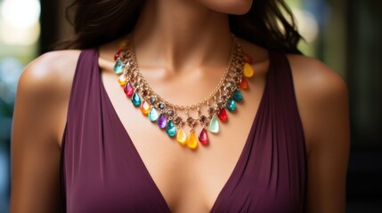 Closeup of a statement necklace featuring large, faceted gemstones adorning a models neck.