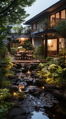 Fototapeta na wymiar Modern Asian Courtyard House with Water Feature