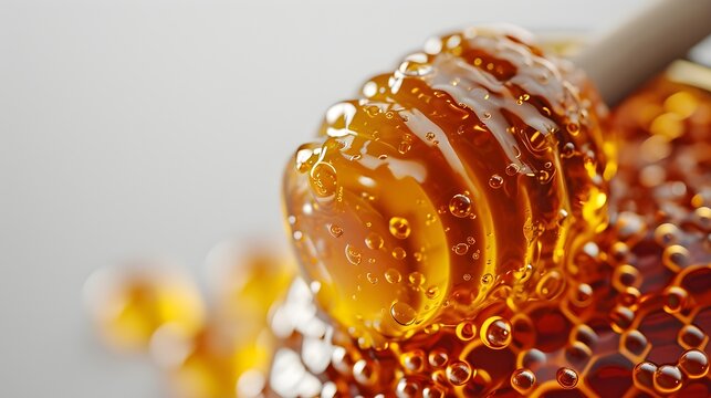 Close-up portrait of a honey bottle against white background, background image, AI generated