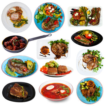 Set of dishes with cooked fried pork and beef with different vegetables and greens