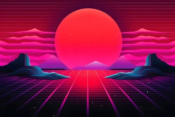 Foto op Canvas Retro wave city background. Neon night landscape with a futuristic city in the style and aesthetics of the 80s and 90s. Synthwave, cyberpunk. Neural network AI generated art © mehaniq41