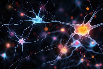 Fototapeta premium Anatomy brain nerve cells. Neuronal Mind Cell Network Neurons elongated Axons and branching Dendrites transmit signals Synapses Neurotransmitters. Action potentials Axon, Myelin sheath Ion channels.