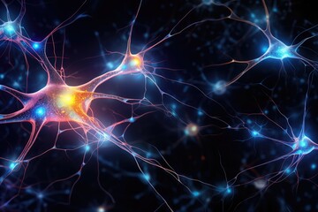 Fototapeta premium Anatomy brain nerve cells. Neuronal Mind Cell Network Neurons elongated Axons and branching Dendrites transmit signals Synapses Neurotransmitters. Action potentials Axon, Myelin sheath Ion channels.