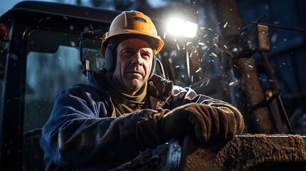 Portrait of a male construction worker wearing a hard hat and safety gear