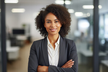 Business woman. Portrait of a african american, beautiful, young and happy woman in a suit standing in a modern office. Smiling female manager looking at the camera in a workplace - obrazy, fototapety, plakaty