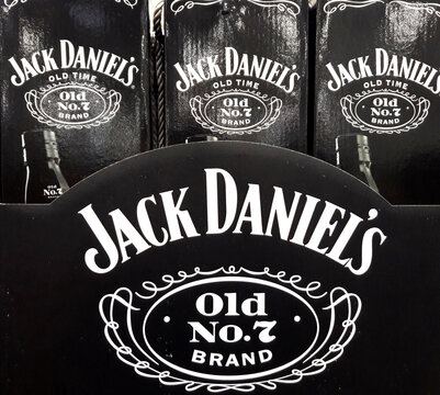 Kaohsiung, Taiwan. September 11, 2019: Jack Daniel's bottle and box are on the shelves of the supermarket. Jack Daniel is the Tennessee whiskey brand and the best-selling American whisky in the world.