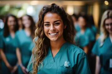 Confident young female medical professional in green scrubs - obrazy, fototapety, plakaty