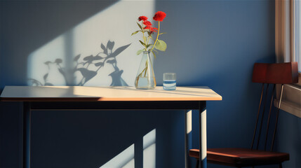 still life with a vase and flowers behind the window in morning light