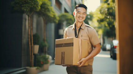 ダンボールを運ぶアジアの男性の配達員 Delivery Asian man carrying a box