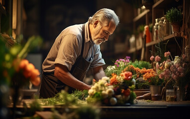 Fototapeta na wymiar Photo of a nice old florist man while working in flower shop