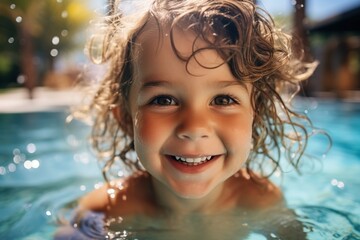 Fototapeta na wymiar Curly-haired toddler having fun in the swimming pool