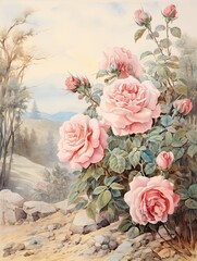 Antique Rose Garden Prints: Vintage Landscape Art with Blooming Petals
