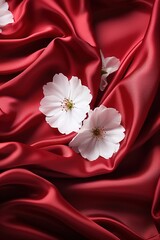 Delicate white cherry blossoms on red silk fabric