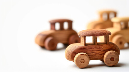 A very close-up view about a transportation collection of couple cute wooden toys with copy space, isolated on white background...