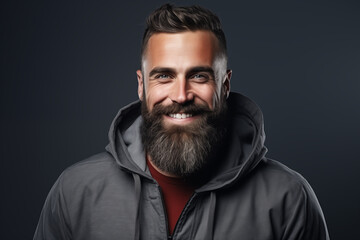 Obraz premium Studio shot of smiling bearded man, handsome brutal man. Space for text and black background. Generative AI