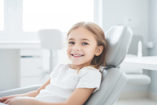 Happy beautiful school aged child sitting on chair in dentist's office concept of dentist for the youngest patients. Generative AI