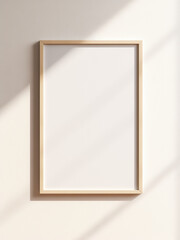 Mockup poster with wooden frame on white wall with light reflections