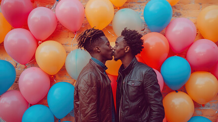 Two dark-skinned men in love kiss against a background of colorful balloons. - obrazy, fototapety, plakaty