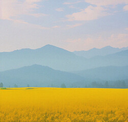 Obraz premium Landscape with yellow flowers in Spring. Minimalist background with empty copy space. Nature backdrop. Beautiful natural flyer, card design. Nature Template for presentation or product. 