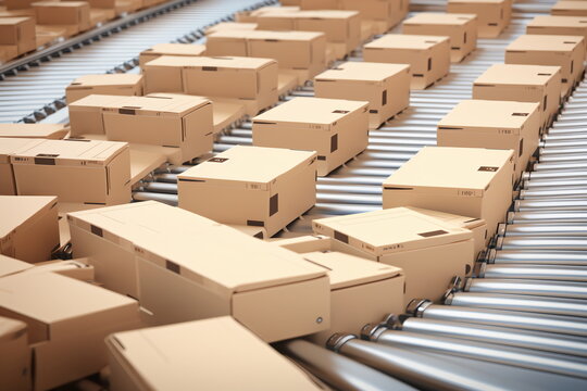 Packages on a Conveyor Belt in a Distribution Warehouse