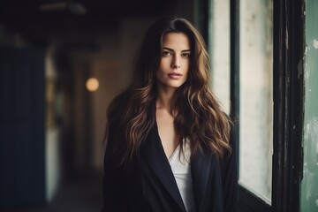 Portrait of a beautiful young woman with long hair in a black jacket
