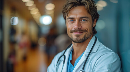 Healthcare, happy doctor and portrait of man in clinic for insurance, wellness and medical service.