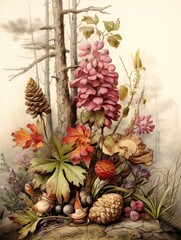 Fototapeta premium Artisanal Botanical Illustrations: Vintage Landscape with Woodland Wildlife Integration