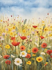 Fototapeta premium Artisanal Meadow Watercolors: Vintage Field Paintings for Wall Decor