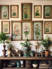 Fototapeta na wymiar Bohemian Botanical Wall Hangings: Exquisite Vintage Country Cottage Art Display