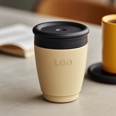 Black and beige ceramic coffee cup with a black lid on a table