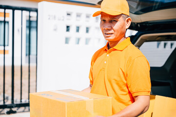 A smiling man a logistic worker in uniform delivering cardboard boxes to a recipient at home....