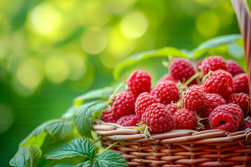 Fresh Raspberries in a Wicker Basket Amidst Green Foliage