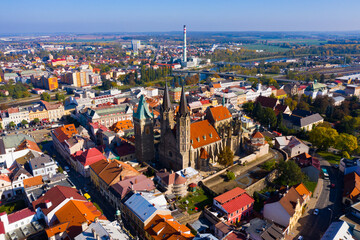 View from drone of ancient Gothic Archdeacon Church of St. Bartholomew in old Czech town of Kolin...