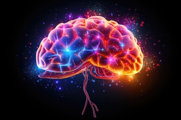 Obraz premium Vibrant colorful brain motley creativity neurocreative processes, cognitive flexibility, divergent thinking. Convergent thinking, human mind axon brainstorming Lateral Thinking, Mind Mapping Synthesis
