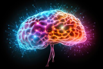 Obraz premium Vibrant colorful brain motley creativity neurocreative processes, cognitive flexibility, divergent thinking. Convergent thinking, human mind axon brainstorming Lateral Thinking, Mind Mapping Synthesis