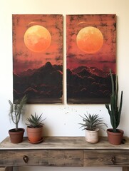 Radiant Boho Desert Sunset Paintings on Vintage Canvas: Captivating Desert Sunsets in rich hues