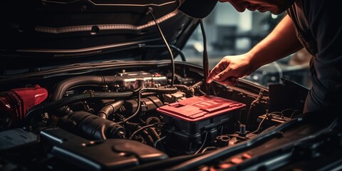 Car mechanic fixing a car engine - obrazy, fototapety, plakaty