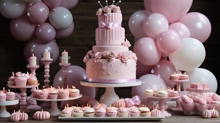 Pink and white birthday party decorations with a large cake and cupcakes