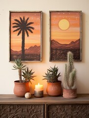 Boho Desert Sunset Paintings: Vintage Landscape with Rustic Desert Sunset Charm