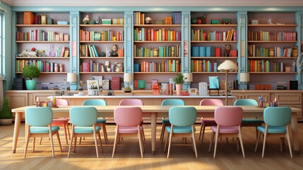 Fototapeta na wymiar A classroom with colorful bookshelves and a long table